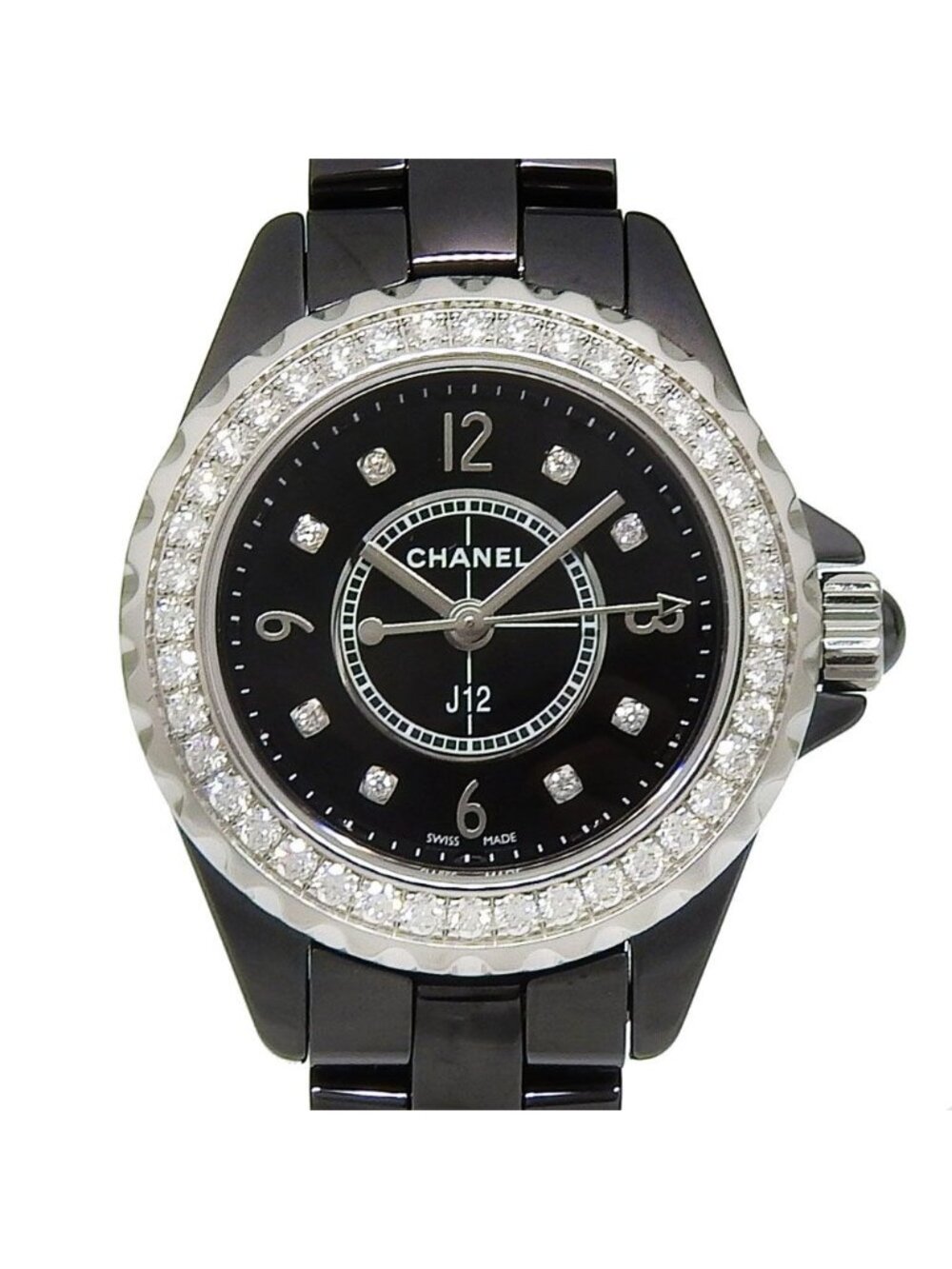 Chanel Ceramic Diamond Quartz Analog Display Black Dial Watch